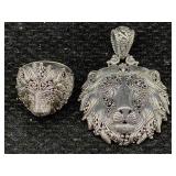 Sterling Silver Lion Ring & Pendant, Tw 27.1g, Sz