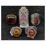 5 Sterling Silver Rings W/gemstones, Tw 53g, Sz
