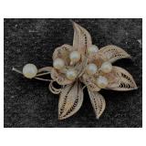 Sterling Silver Flower Brooch W/pearls, Tw 13.6g,