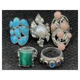 5 Sterling Silver Rings W/gemstones Tw 47.4g, Sz 7