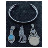 Sterling Silver Cuff Bracelet & Pendants, Tw 33.8g