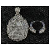 Sterling Silver Tiger Ring & Pendant, Tw 32.4g, Sz
