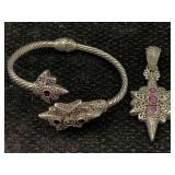 Sterling Silver Cuff Bracelet & Pendant, Tw 39.6g,