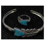Sterling Silver Cuff Bracelet & Ring, Tw 32.8g, Sz