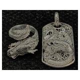 Sterling Silver Dragon Ring & Pendant, Tw 28g, Sz