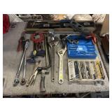 Assorted tools incl 18in wrench, drill bits,