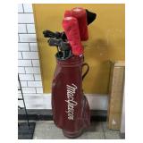 Vtg red MacGregor golf bag w/clubs, see photos