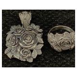 Sterling Silver Rose Pendant & Ring, Tw 28.6g, Sz