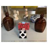 Vintage Bottles, Metal Cow Bell, Figurines, and