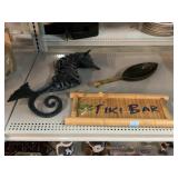Tiki Bar Sign, Leaf Bowl & Seahorse Metal Statue.