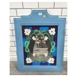 Blue wood framed mirror w/stained accents, approx