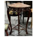 Wood Corner Table W/Marble Top. Approx 36in