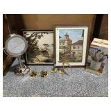 Framed prints, mirror, brass decor and more,