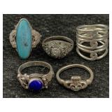 5 Sterling Silver Rings, Tw 21.9g, Sz 6, 7, 9