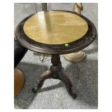 Round wood top side table, approx 23x27in