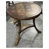 Round wood 3-legged table w/pattern and eagle