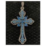 Sterling Silver Cross Pendant W/aqua, Tw 10.4g, Sz