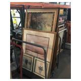 Cart of framed prints & more, approx 30x54in
