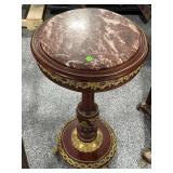 Red marble top side table, approx 17x30in