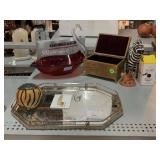 Jewelry box, ruby red Art Glass swan and more