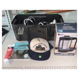 Plastic toolbox cables coffee maker in box and