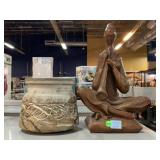 Clay pot and flautist figurines 16 inch tall