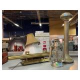 Brass bathroom light, lantern  and lamb shades