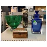 Blue Decanter, Green Glass Bowl, Trinket Box, and