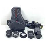 Nikon Em Film Camera Body W/3 Lenses & Flash