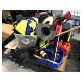 Pallet of Garden tools, hats, Life vest and more
