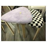 2-wood stools w/purple and checkered seats,