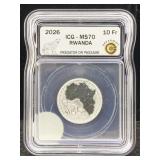 2026 1/12 Oz .999 Fine Silver Rwanda Hyena Coin In