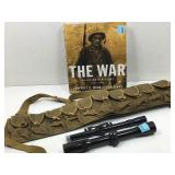 Vtg Ammo Bandolier, Rifle Scopes and WWII Book