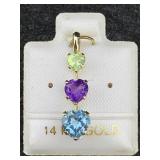14k Gold Pendant, Tw 0.7g W/peridot, Amethyst &