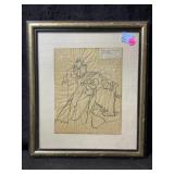 This framed ink line drawing caricature is an