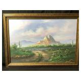 This vintage framed oil painting depicts a
