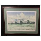 This is a framed pastoral, watercolor, landscape,