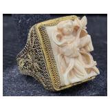 Antique Ivory Carved Figure Filigree Flexible Ring