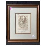 This framed artwork is a vintage print or etching