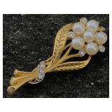 9k Gold Floral Brooch W/diamonds & Pearls, Tw 3.6g