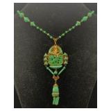 Green Stone Necklace W/pendant, Approx 24in Long