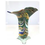 A vibrant hand blown heart, glass, fluted bowl or