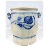 Salt Glazed/Cobalt Design Stoneware Crock 8x7in