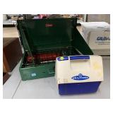 Gas two burner, camping stove and used igloo