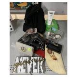 Vintage binoculars, black boots sign coin wallet