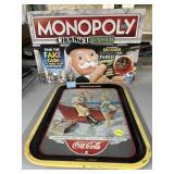 Vintage coca cola tray and monopoly crooked cash