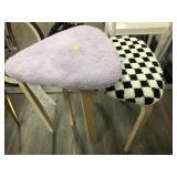 2-wood stools w/purple and checkered seats,