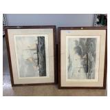 Two frame prints hand colored engraving English