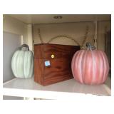 2 Decorative Pumpkins and Wood Storage Box