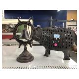 Metal Rhino & Bell On Stand Decor